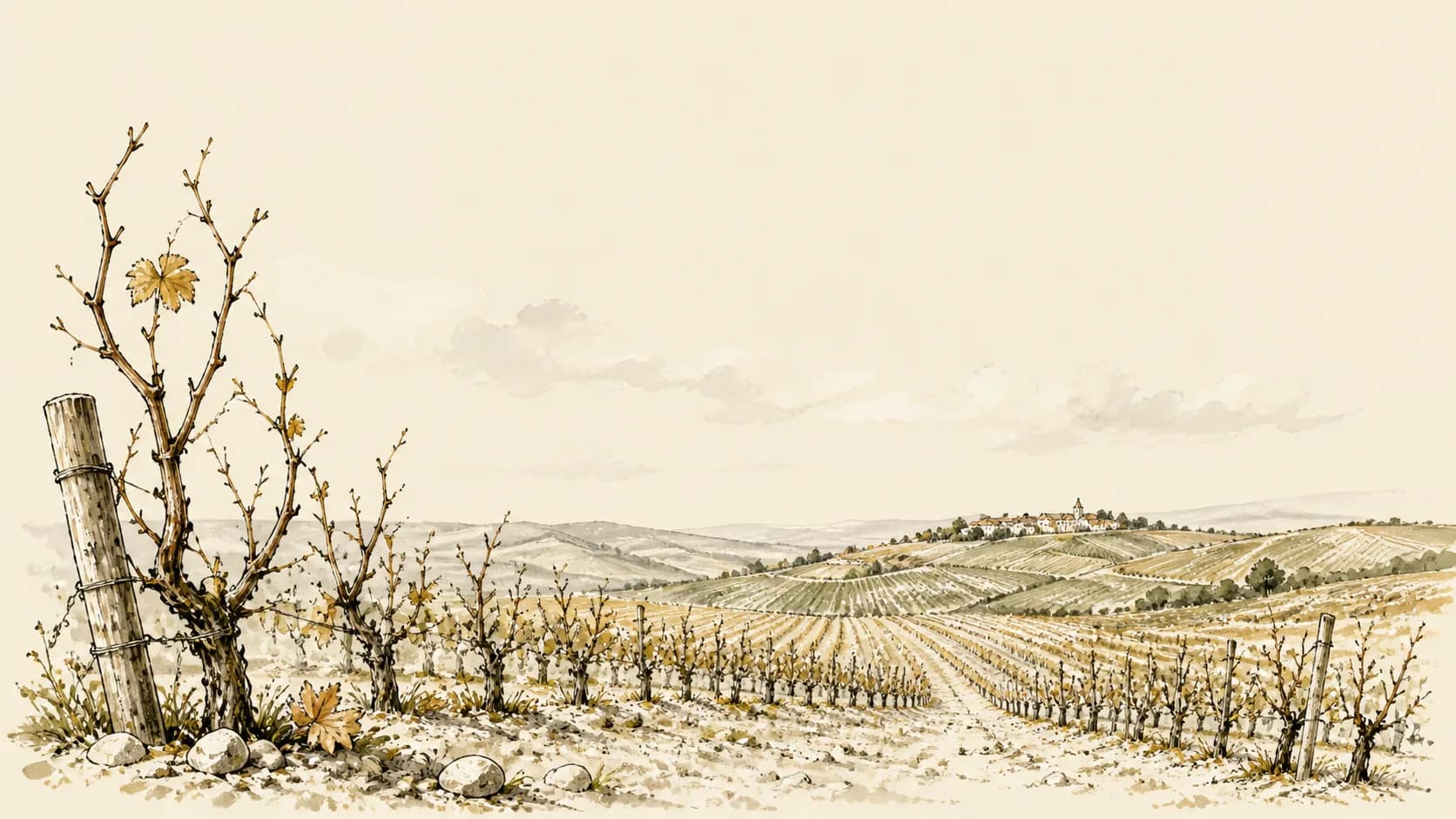 An old vine in the foreground, vineyard rows running toward a village in the distance, hand-drawn in ink and sepia wash.